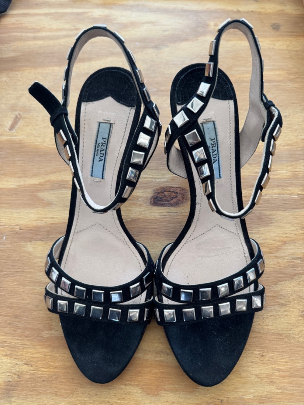 Prada Black Studded Suede Slingback Heels